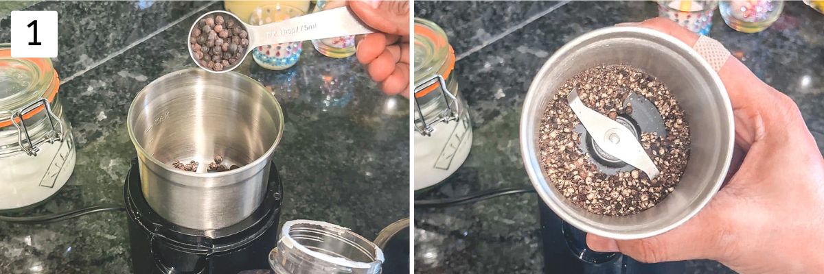 Collage of 2 images showing coarsely grinding peppercorns in a spice grinder.