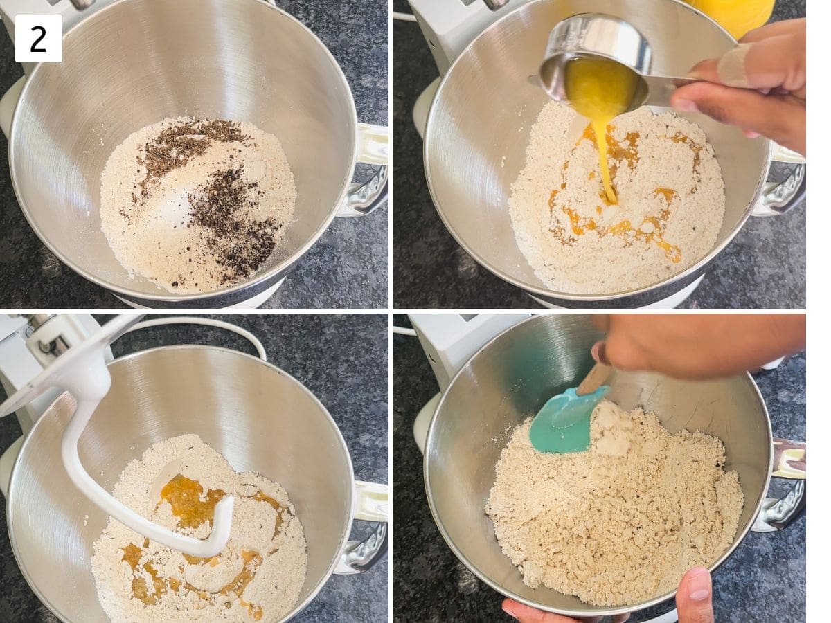 Collage of 4 images showing adding flour, spices, ghee and mixing using stand mixer.