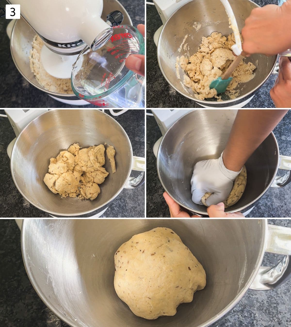 Collage of 5 images showing adding water to knead the dough using stand mixer.