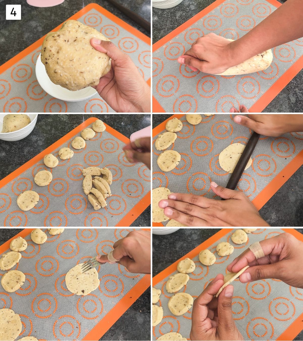 Collage of 6 images showing rolling and pricking farsi puri.