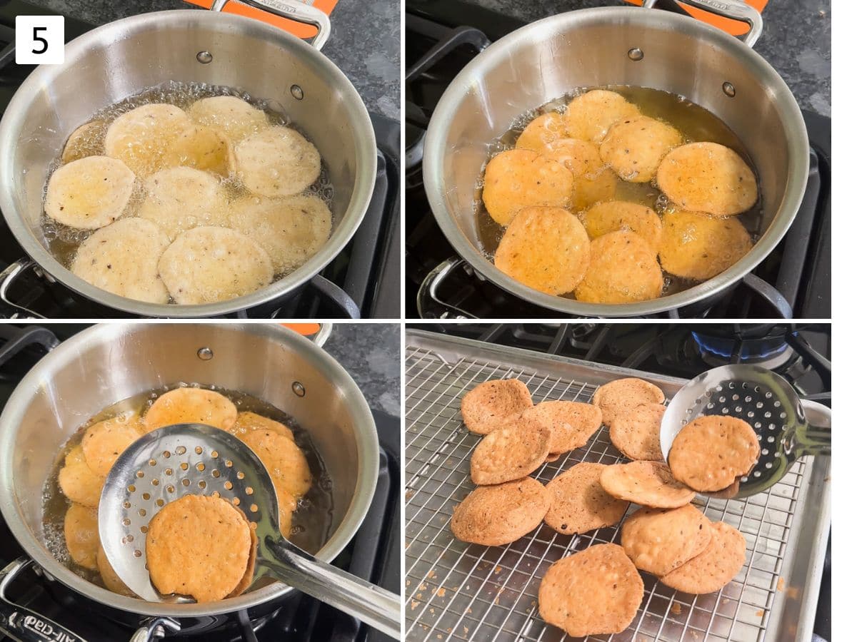 Collage of 4 images showing frying farsi puri in oil and removing to a plate.
