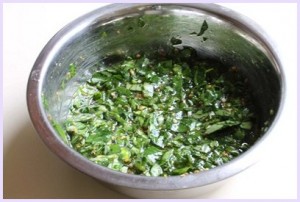 Mixing methi leaves with wet mixture.