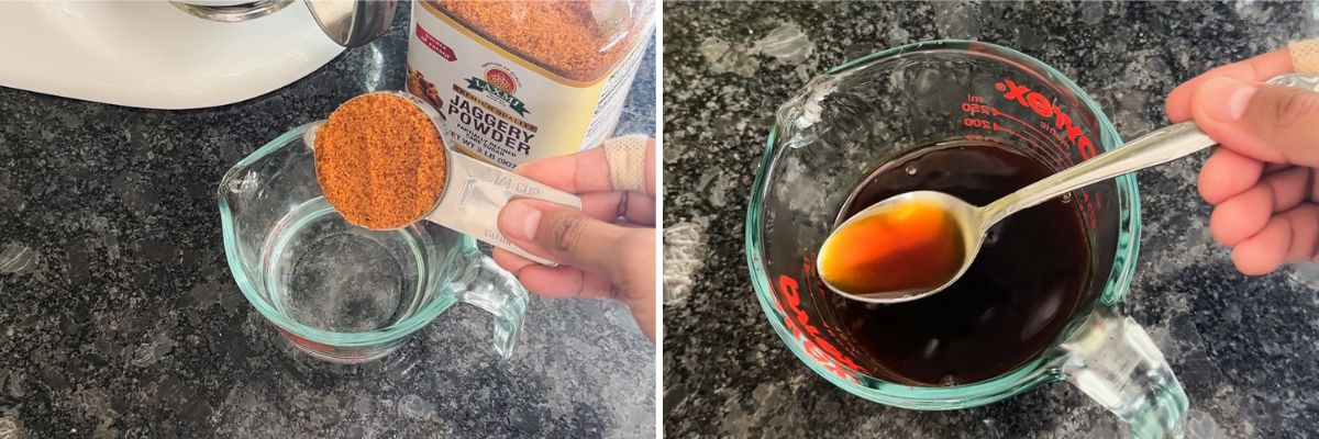 Collage of 2 images showing melting jaggery in water.