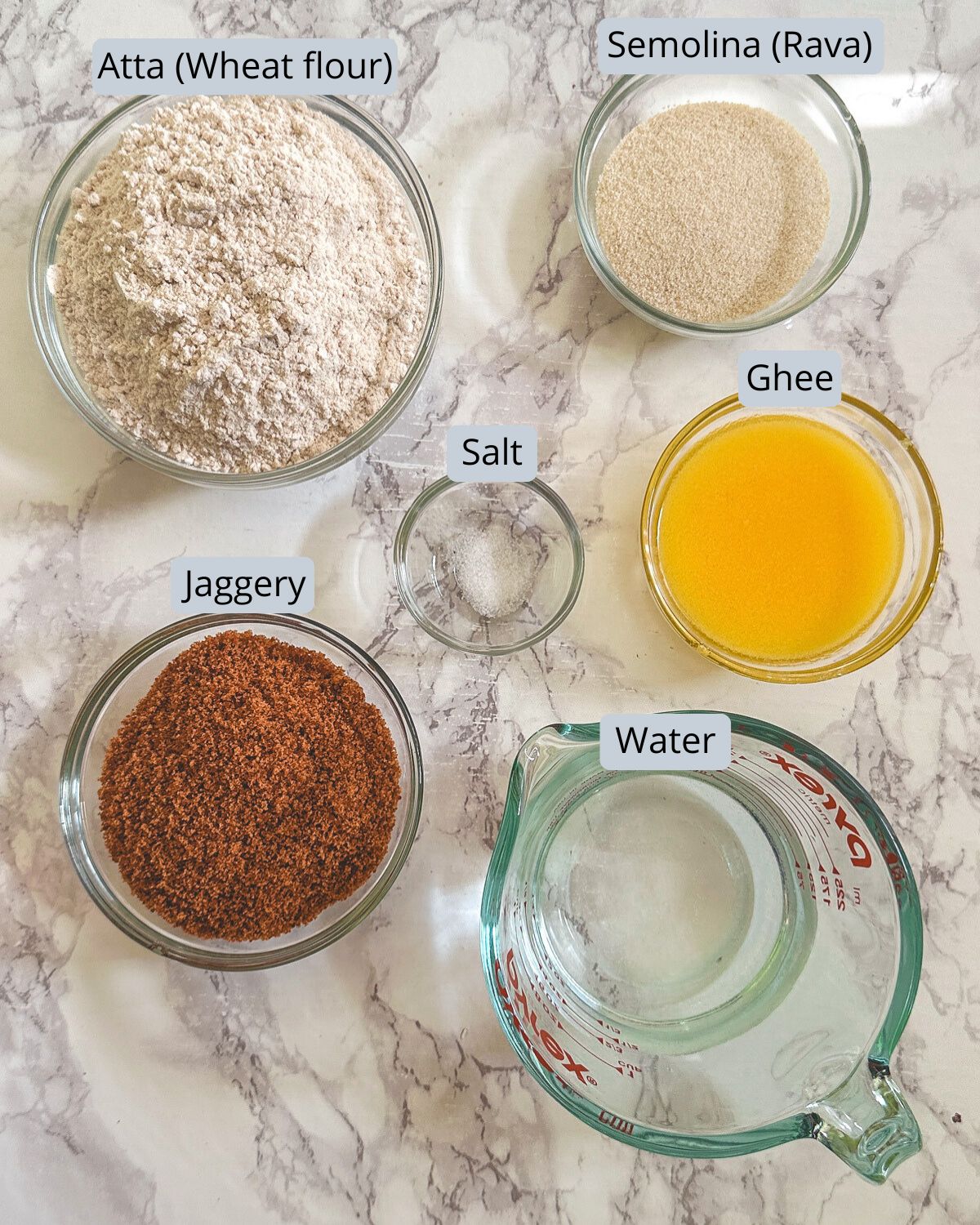 Shakarpara ingredients in bowls with labels.