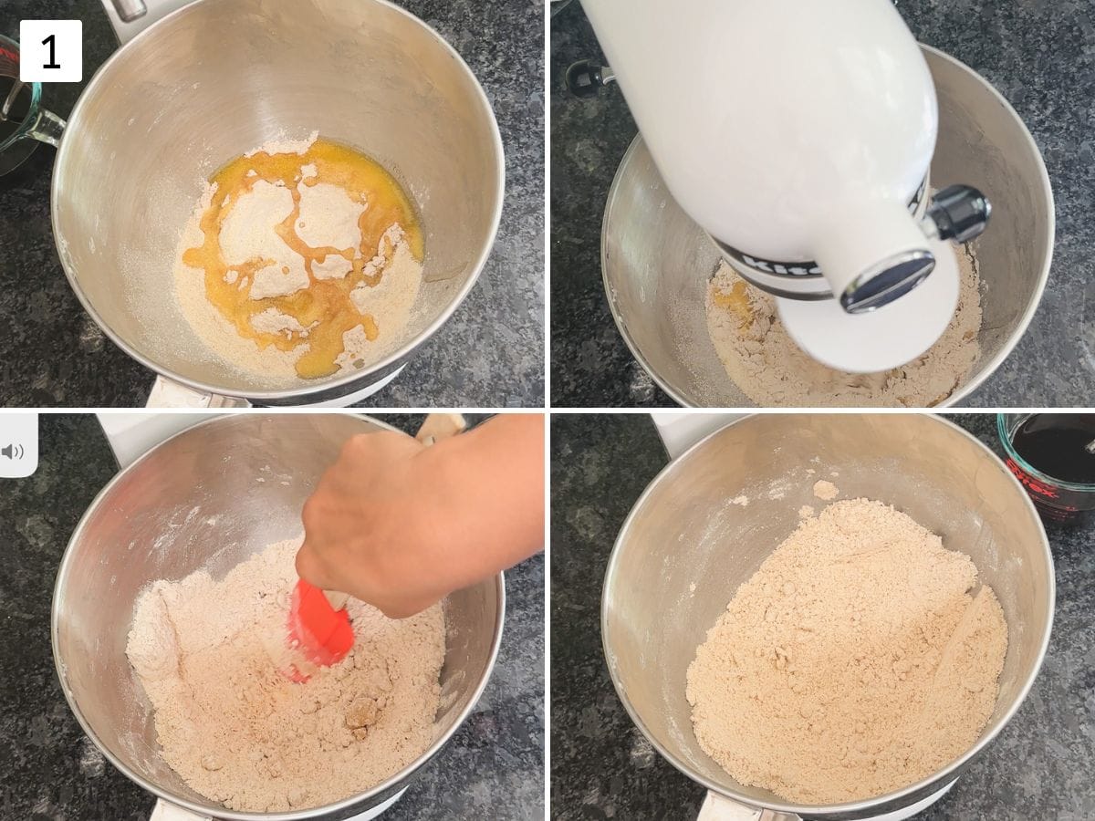 Collage of 4 images showing mixing ghee into flour using stand mixer.