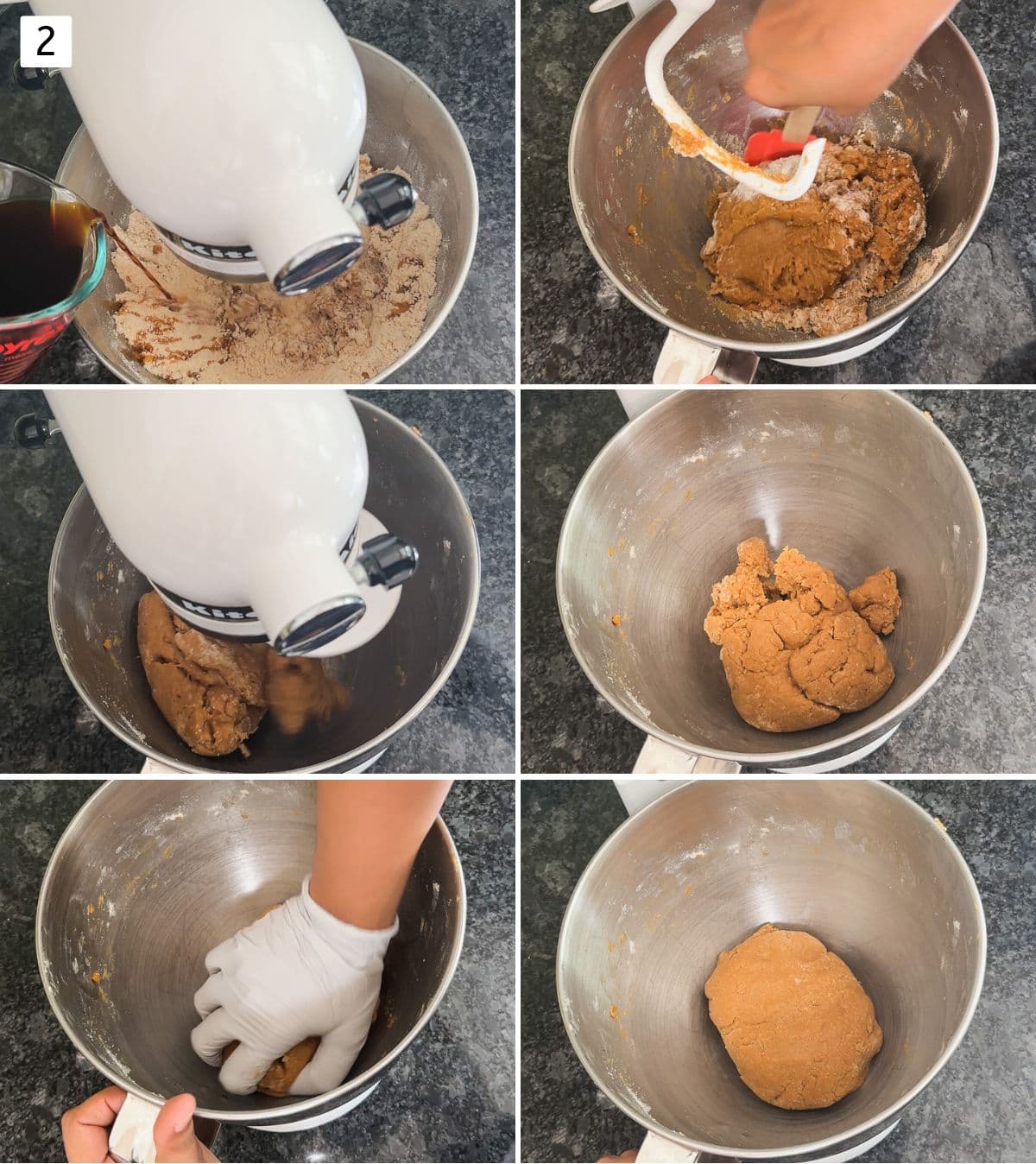 Collage of 6 images showing kneading the dough using stand mixer.