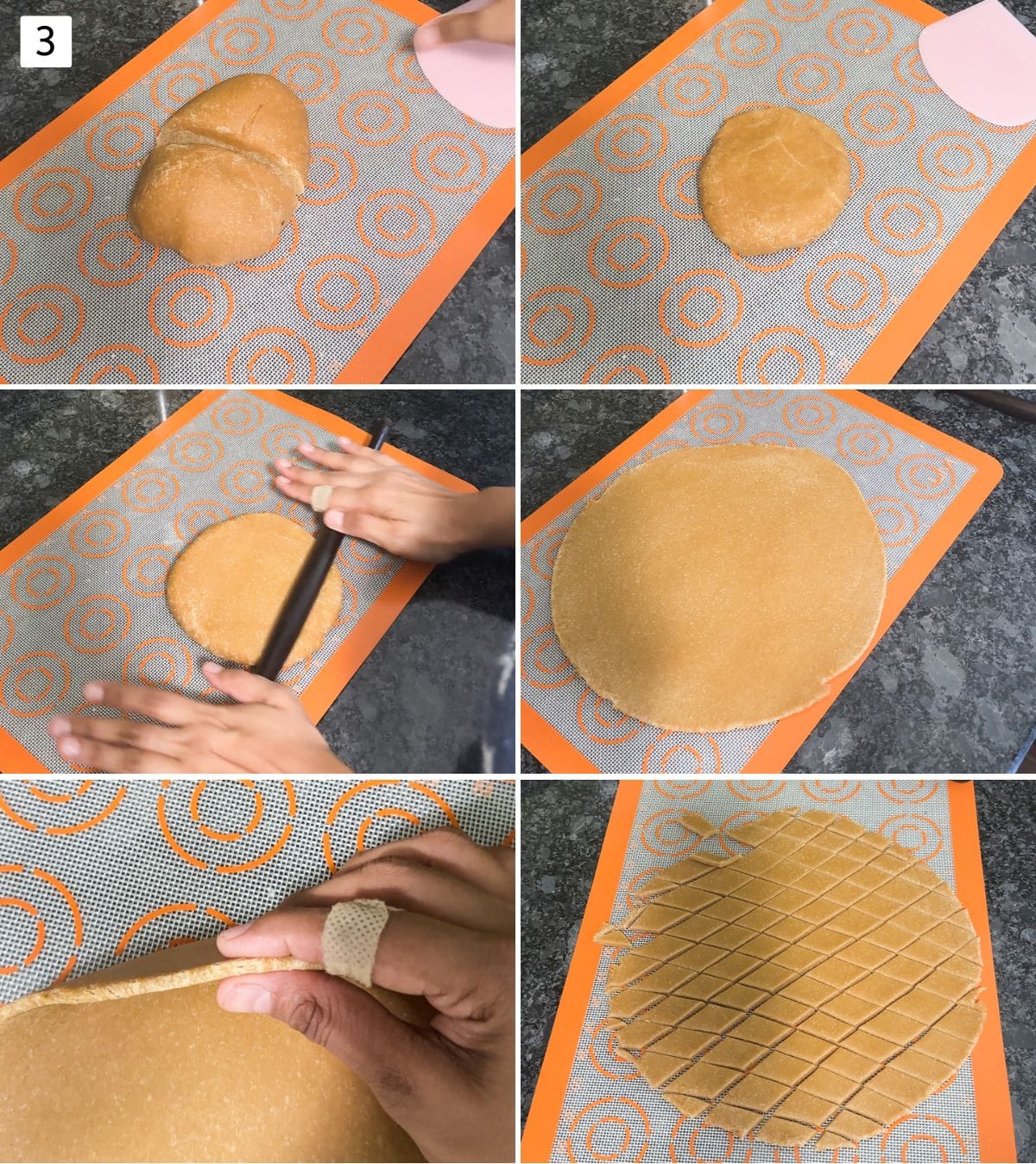Collage of 6 images showing rolling shakkar para dough and cutting into pieces.
