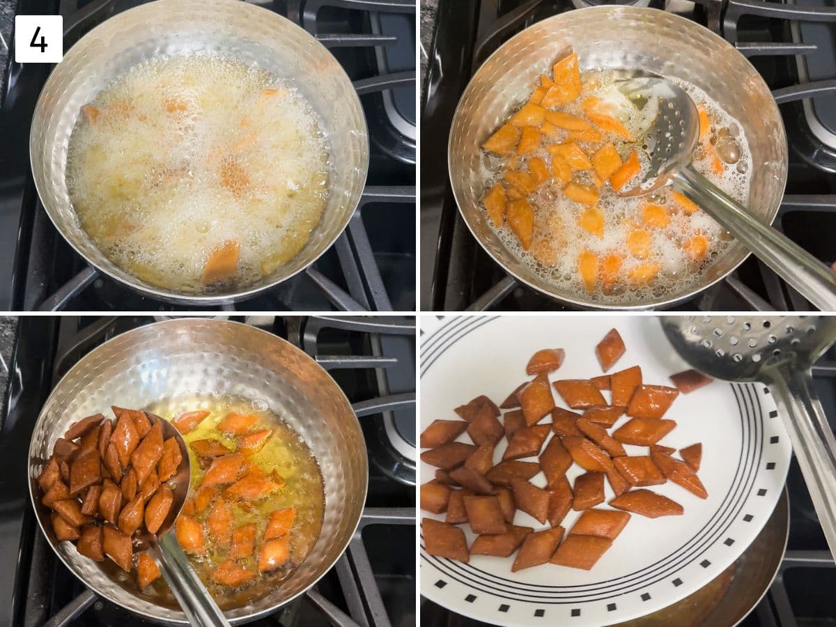 Collage of 4 images showing deep frying shakarpara and removed to a plate.