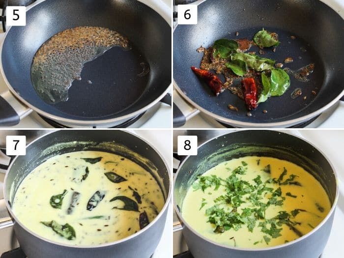 Collage 4 images showing tempering is made and added to kadhi.