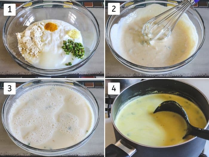 Collage of making gujarati kadhi batter and simmering on the stove.