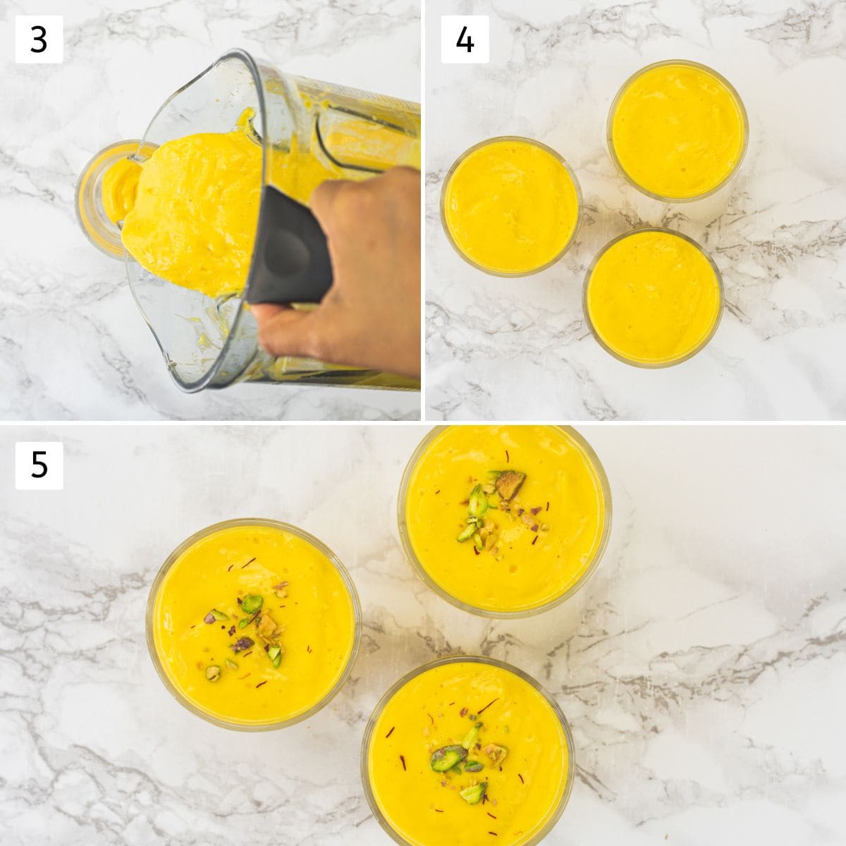 Collage of 3 images showing pouring lassi into glasses and garnished with saffron, pistachios.