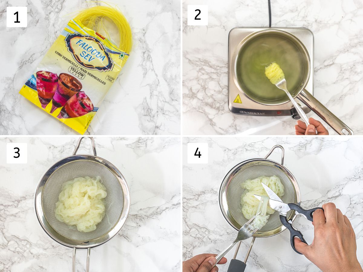 Collage of 4 images showing falooda sev packet, cooking in a saucepan, cutting with scissors.