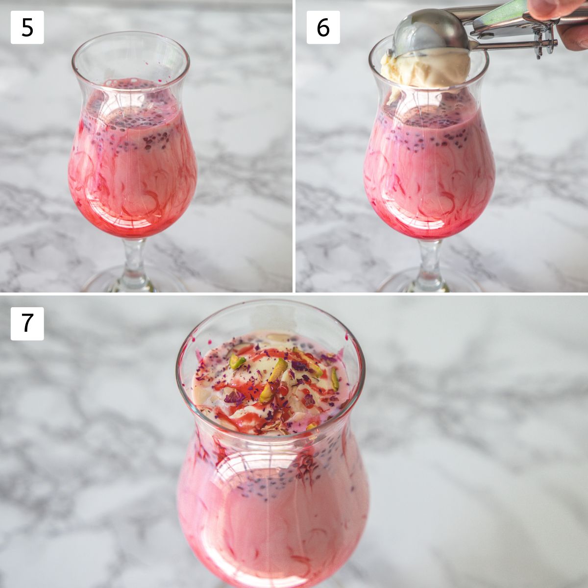 Collage of 3 images showing adding milk, scoop of ice cream and garnishing with nuts and more syrup.
