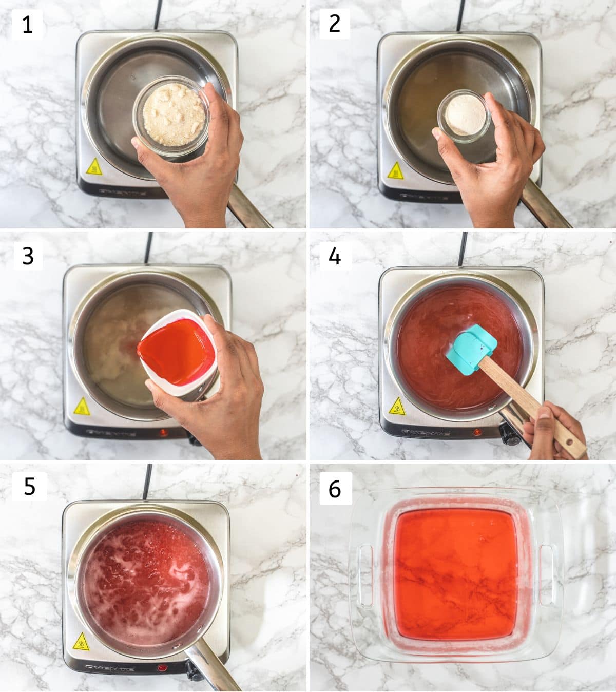 Collage of 6 images showing adding sugar, agar agar, rose syrup in water and simmering, transferring to a square pan.