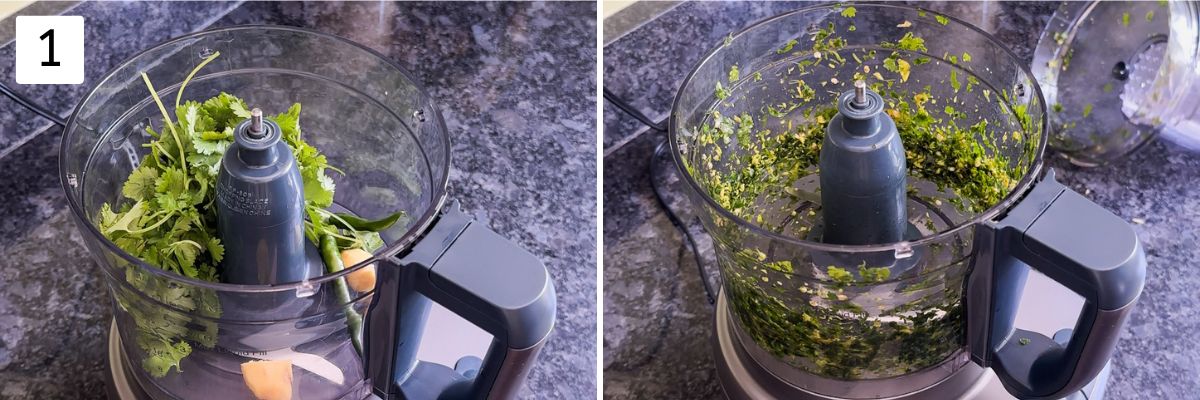 Collage of 2 images showing crushing ginger, green chili and cilantro in a food processor.