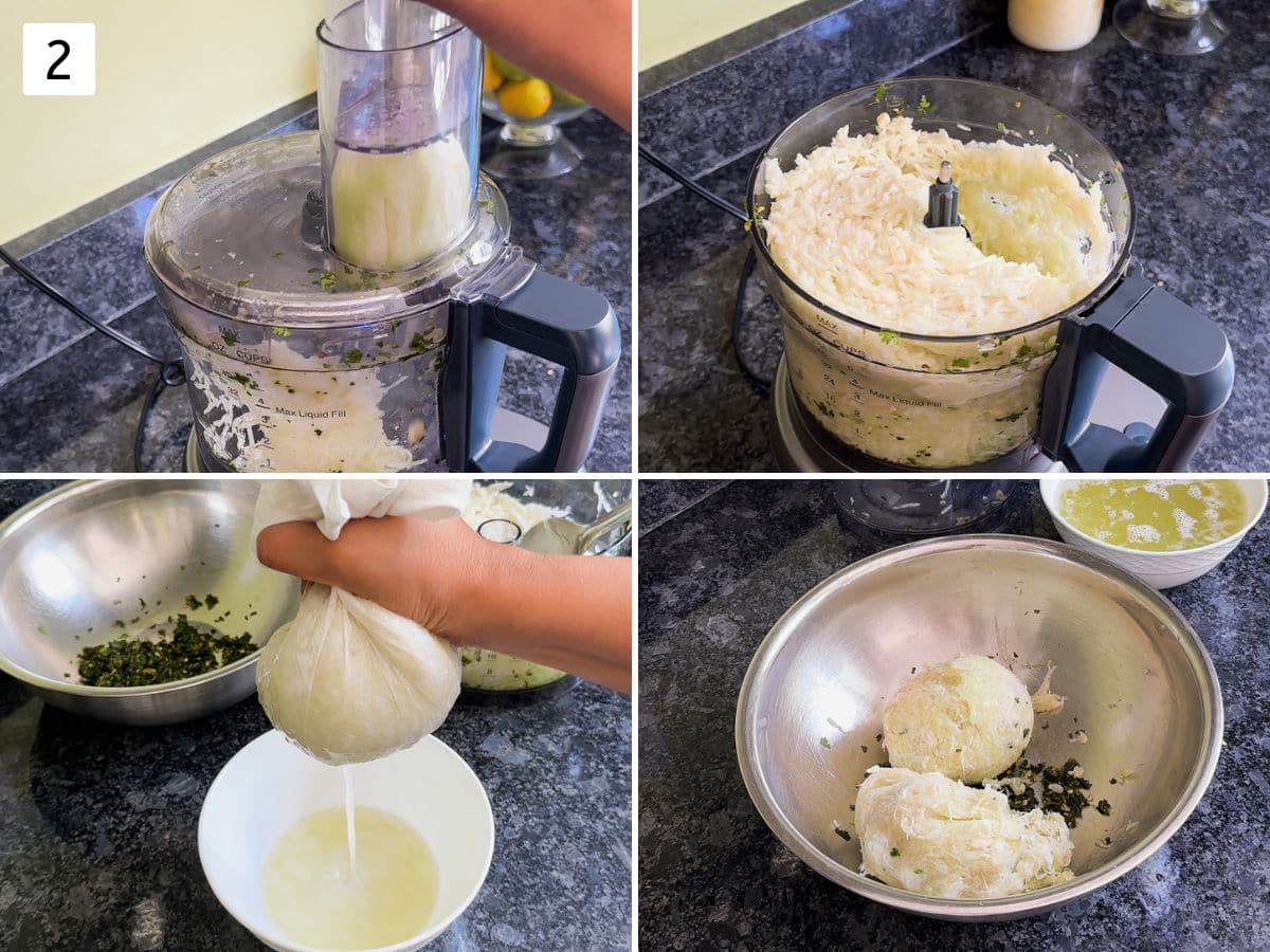 Collage of 4 images showing grating bottle gourd in a food processer and squeezing water out/