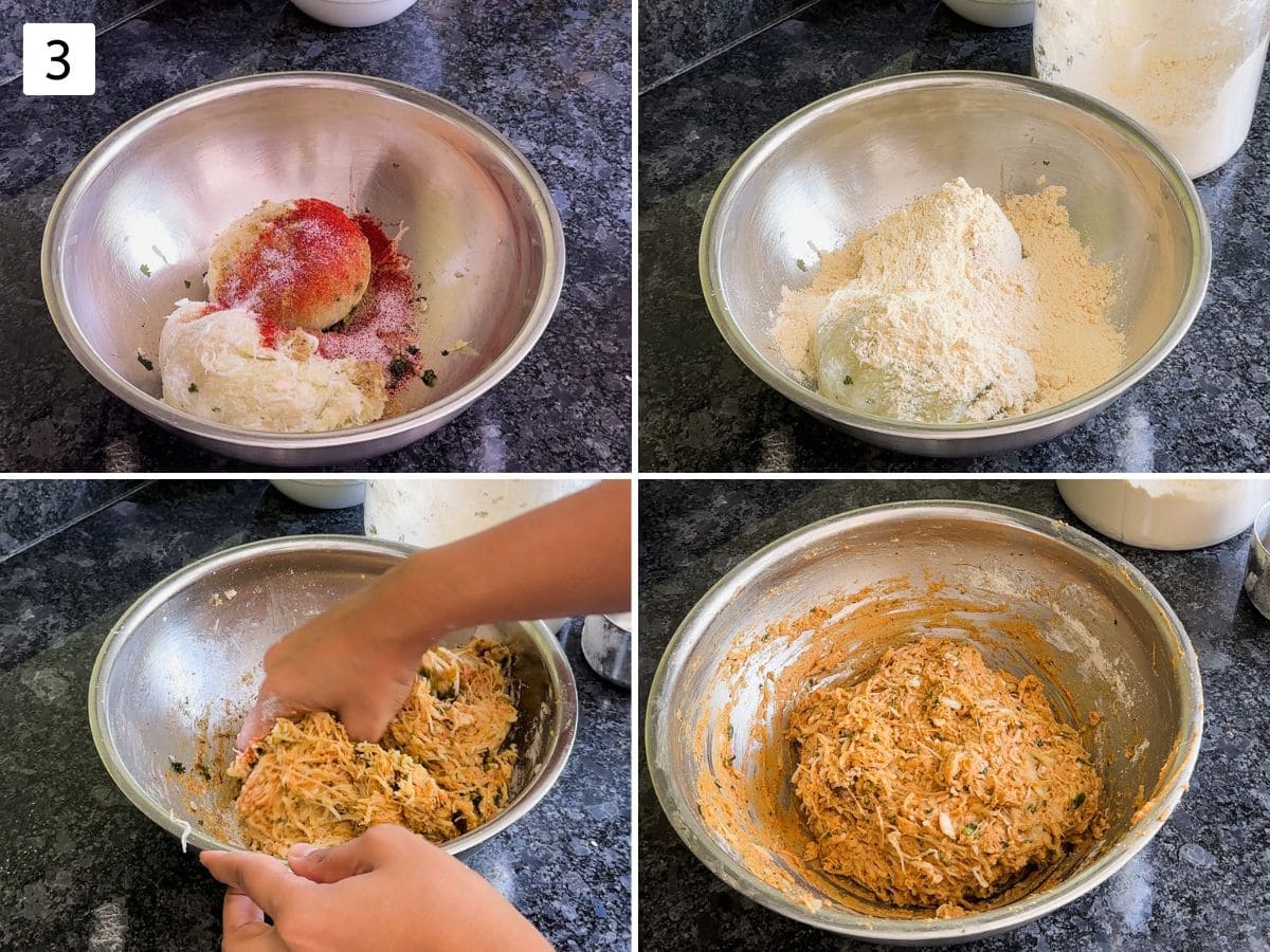 Collage of 4 images showing adding spices and besan to grated lauki to make kofta mixture.