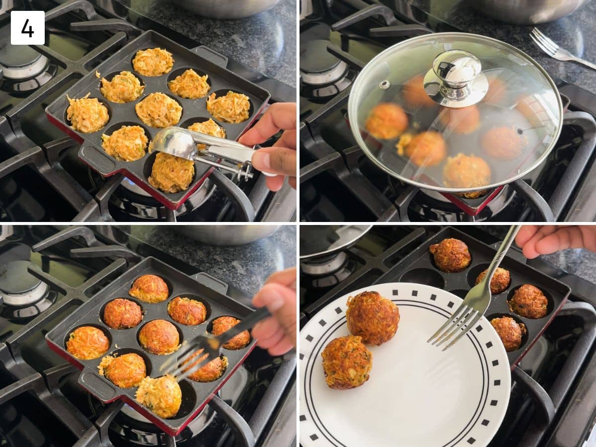 Collage of 4 images showing cooking kofta in a paniyaram pan, covered with a lid.