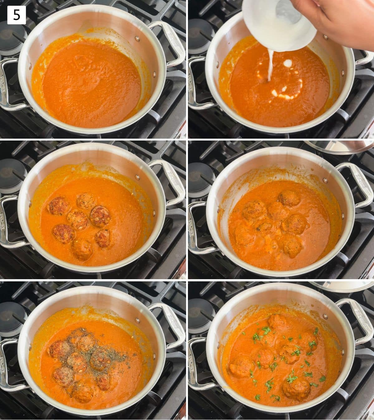 Collage of 6 images showing adding whisked yogurt, kofta in the gravy and garnished with cilantro.