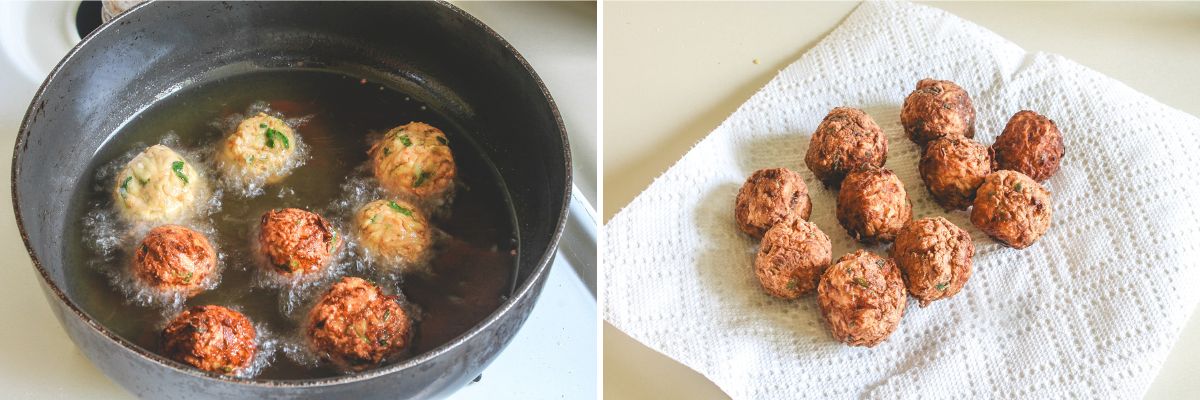 Collage of 2 images showing deep frying kofta and removed in a paper towel lined plate.