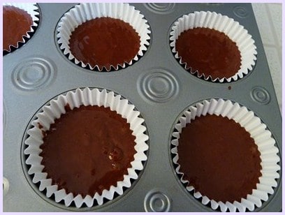 Eggless chocolate cupcakes batter in muffin tray