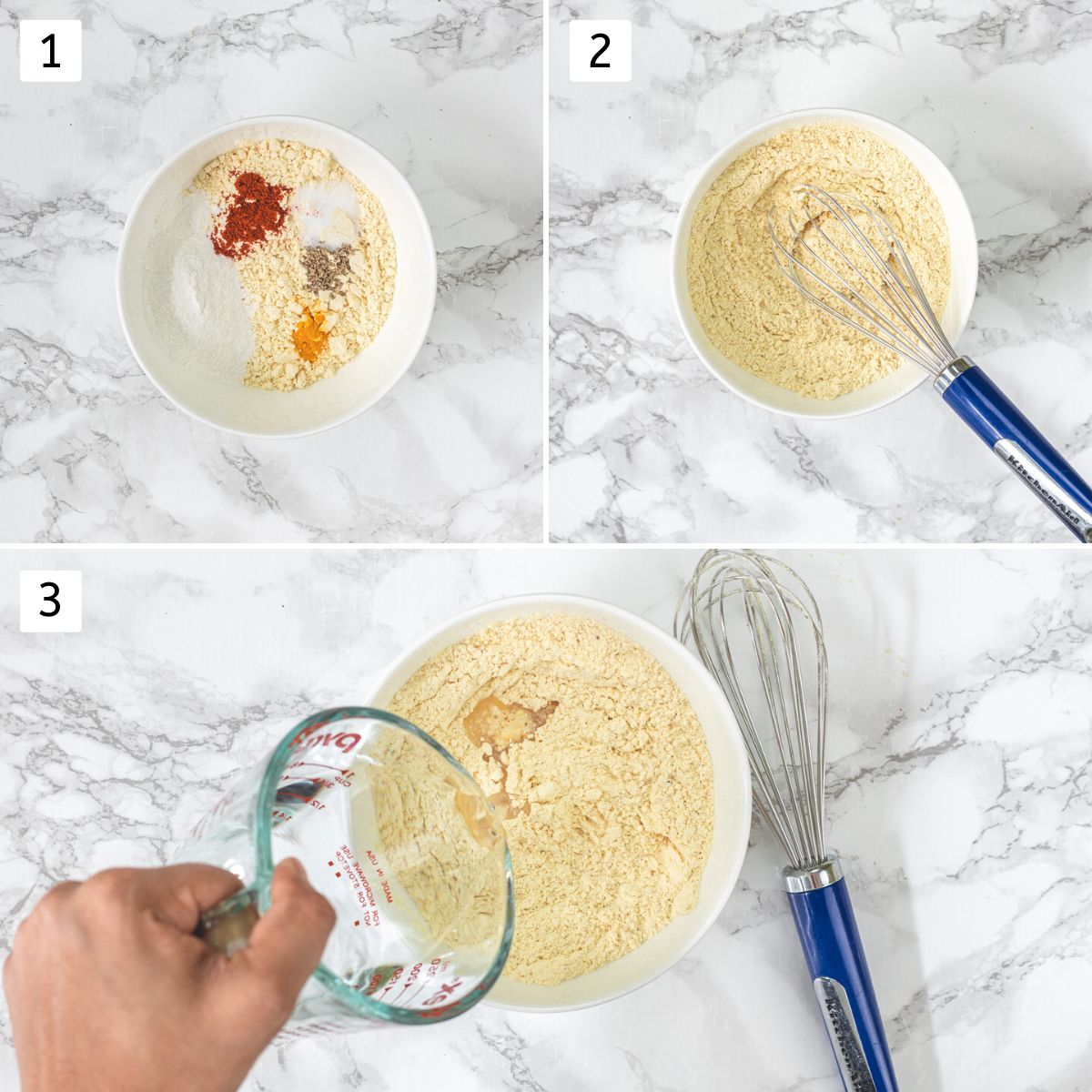 Collage of 3 images showing besan, spices in a bowl, mixing and adding water.