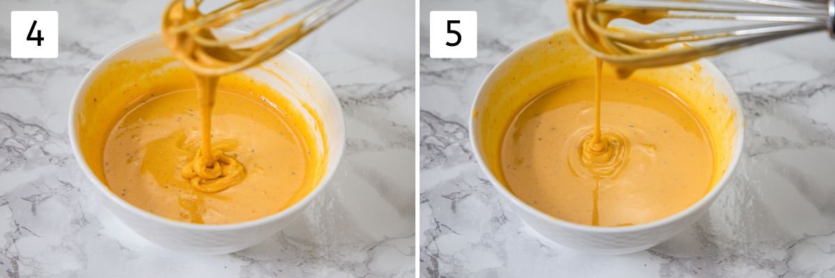 Collage of 2 images showing batter consistency using a whisk.