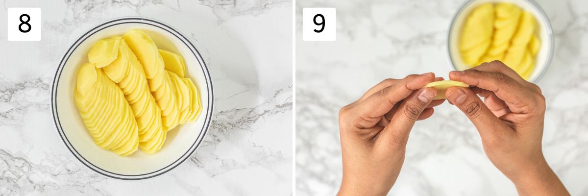 Collage of 2 images showing sliced potatoes in a bowl and one slice holding in hands.