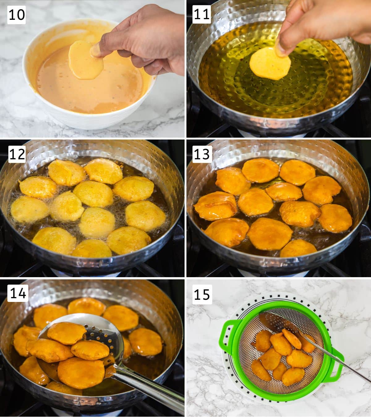 Collage of 6 images showing dipping potato slice into a batter and frying into the oil, removed to a strainer.