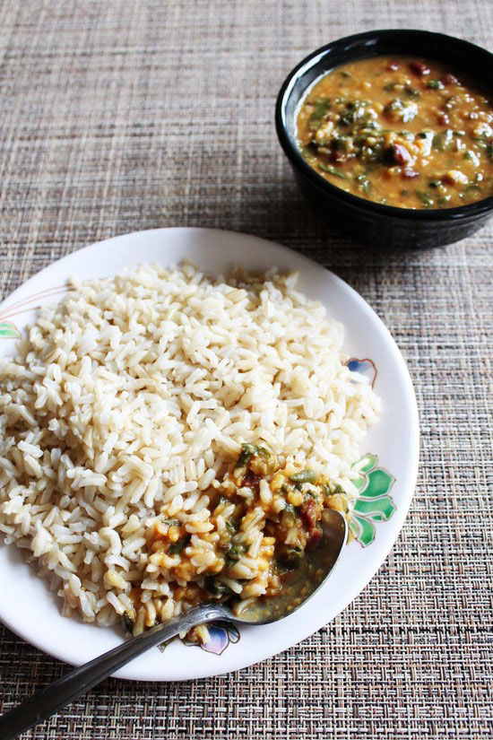 Beet greens dal mixed with brown rice.