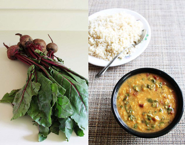 A bunch of beet and beet greens dal in a bowl with rice.