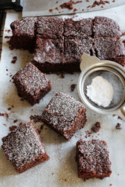 eggless brownies on parchment paper.