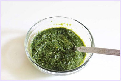 Green chutney in a bowl.