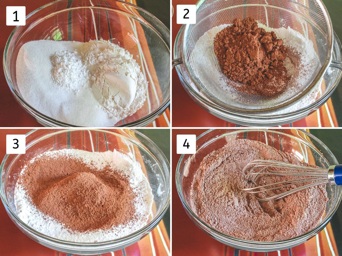 Collage of 4 images showing mixing dry ingredients in a bowl.