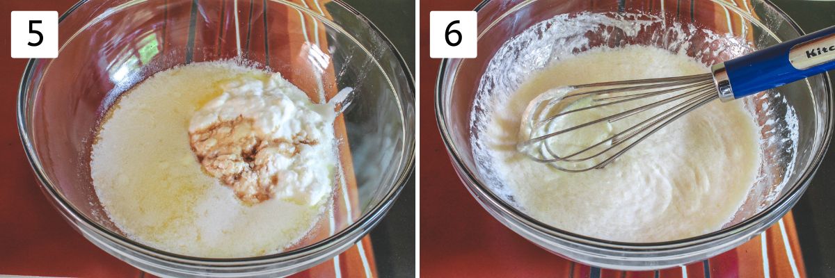 Collage of 2 images showing whisking wet ingredients in a bowl.