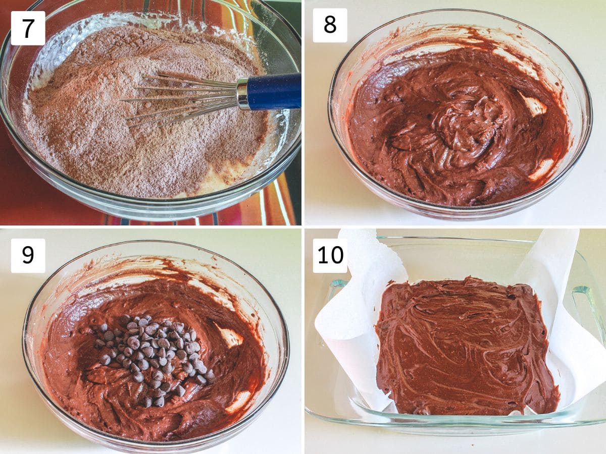 Collage of 4 images showing adding and mixing dry to wet, adding chocolate chips and making a batter.