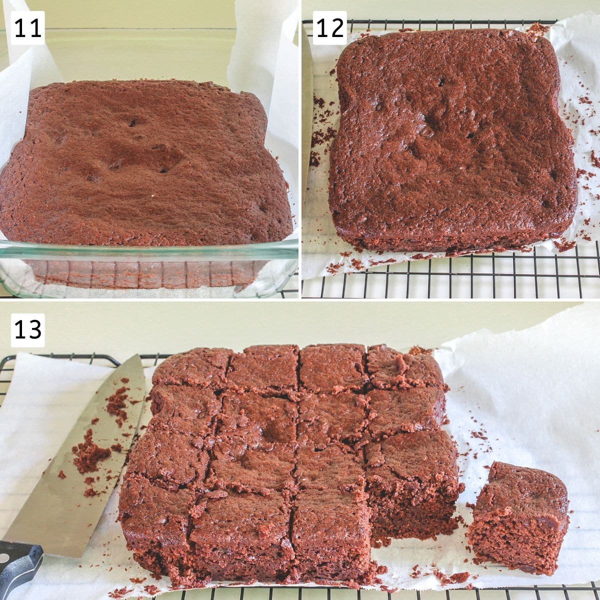 Collage of 3 images showing baked eggless brownie in a pan, on a cooling rack and cut into pieces.