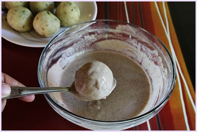 dip potato ball into the batter