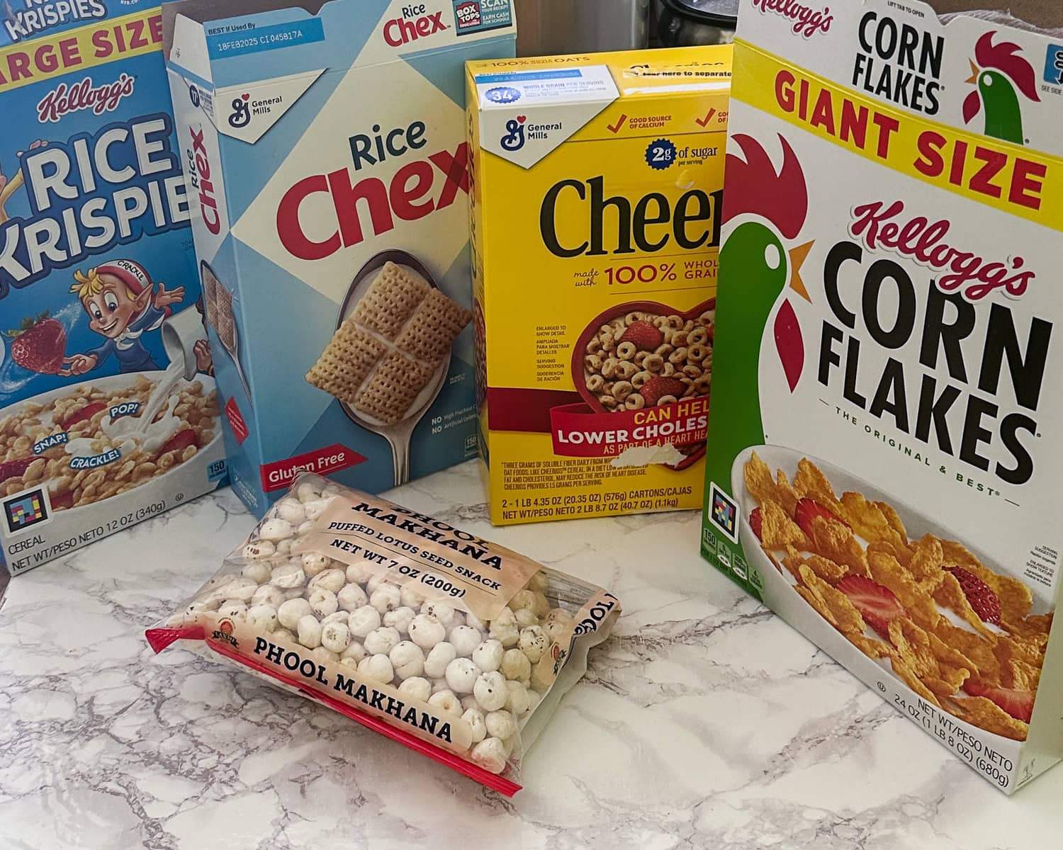 Boxes of breakfast cereals and makhana for cereal chivda recipe.