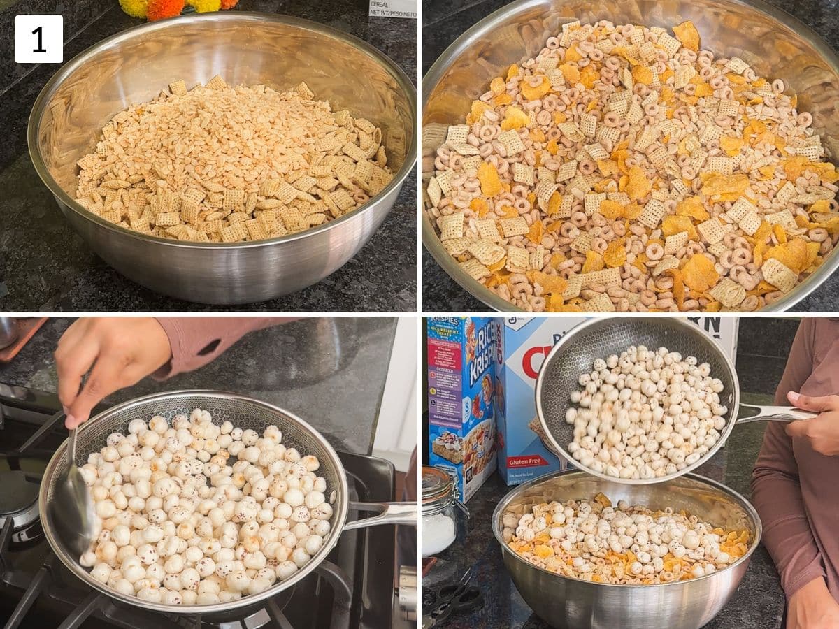 Collage of 4 images showing mixing breakfast cereals, roasting phool makhana and mixing with cereal.