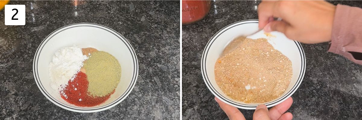 Collage of 2 images showing mixing spice powders in a bowl.