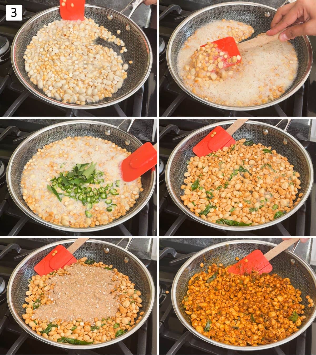 Collage of 6 images showing frying nuts, chilies, and curry leaves, mixed with spices.