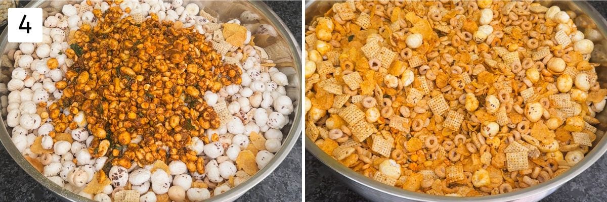 Collage of 2 images showing adding and mixing spice-nuts mixture.