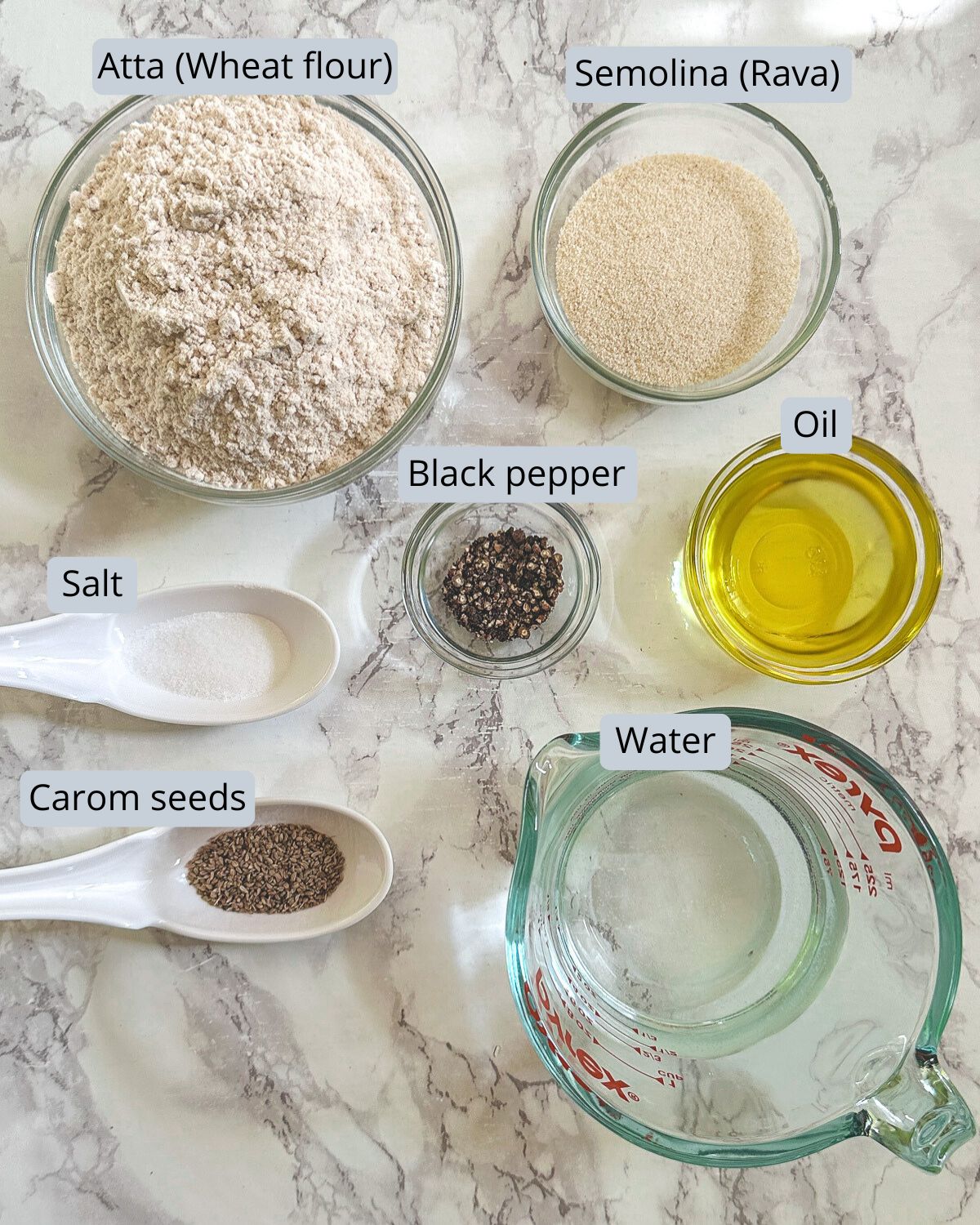 Namak para recipe ingredients in bowls and spoons with labels.
