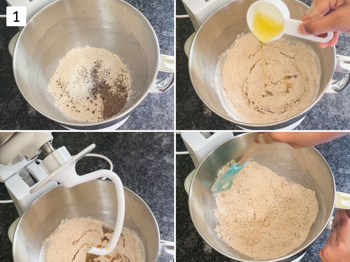 Collage of 4 images showing adding spices and oil to the flour and mixing with a stand mixer.