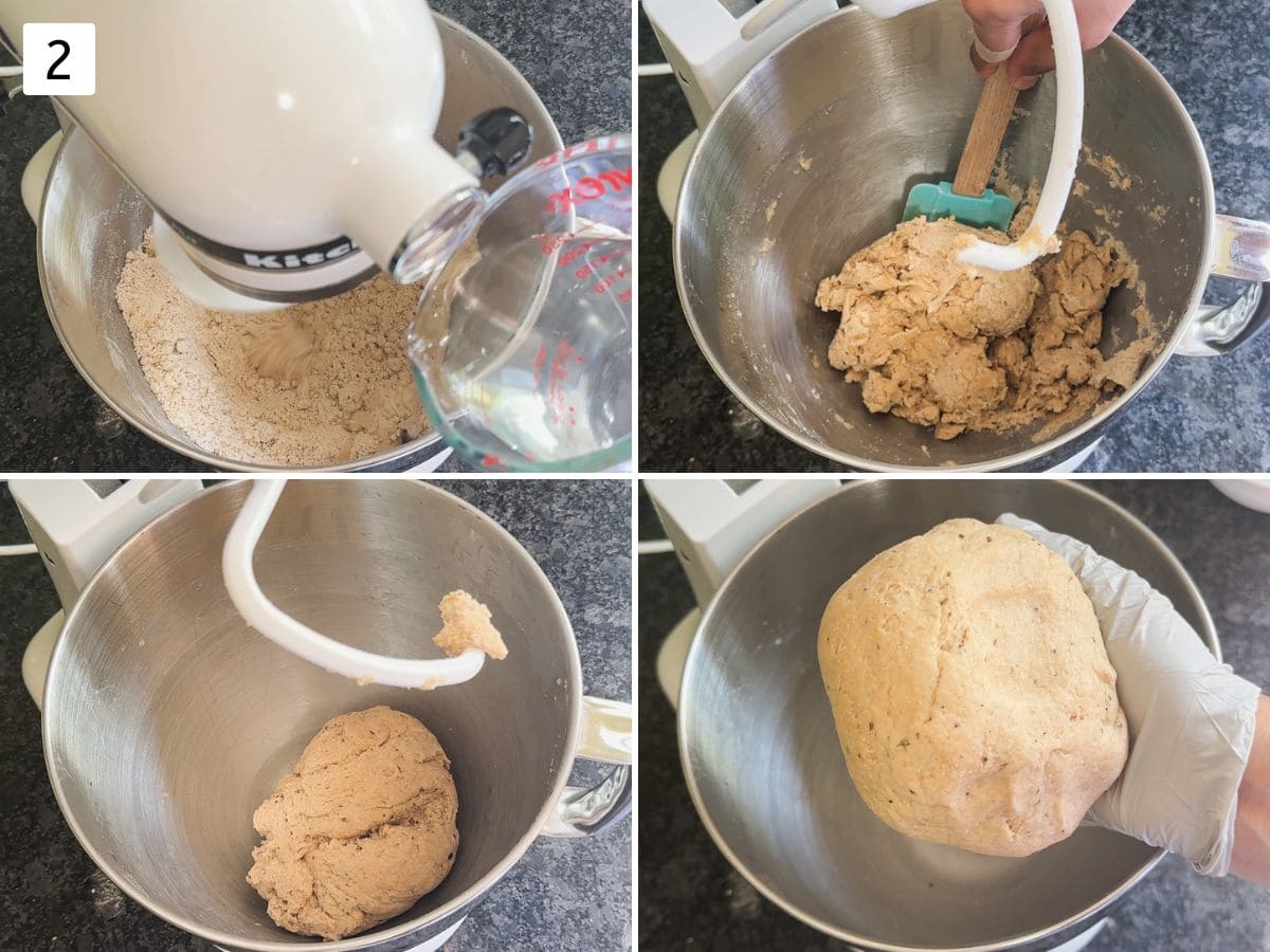 Collage of 4 images showing adding water and kneading into the dough using kitchenaid mixer.