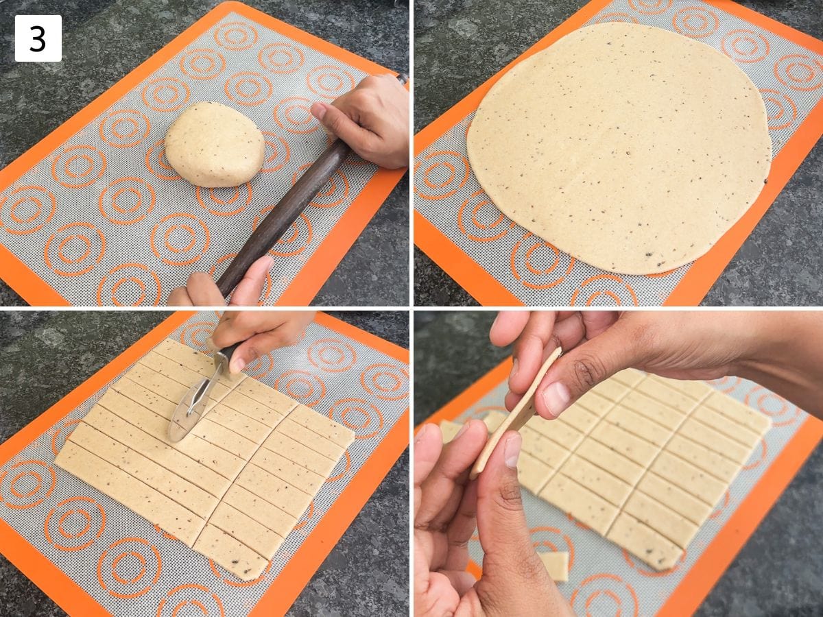 Collage of 4 images showing rolling and cutting namak para.