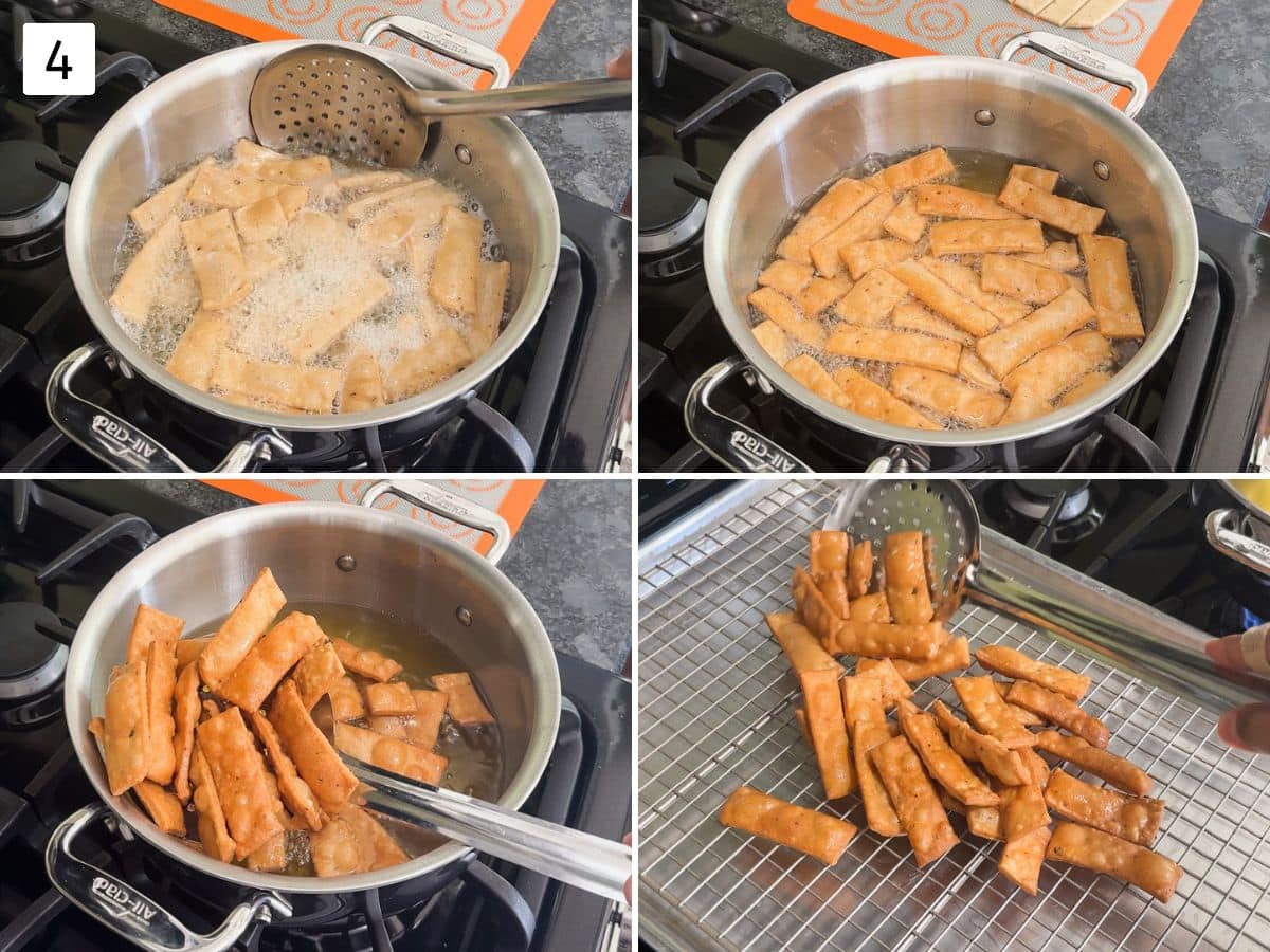 Collage of 4 images showing deep frying namak para and remove once fried and crispy.