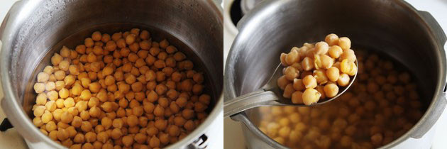 Collage of 2 images showing boiled chickpeas in a pressure cooker.