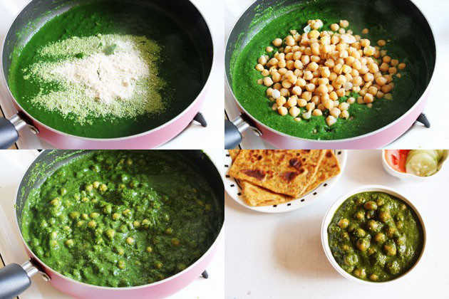Collage of 2 images showing adding cashew powder, boiled chickpeas and mixed.